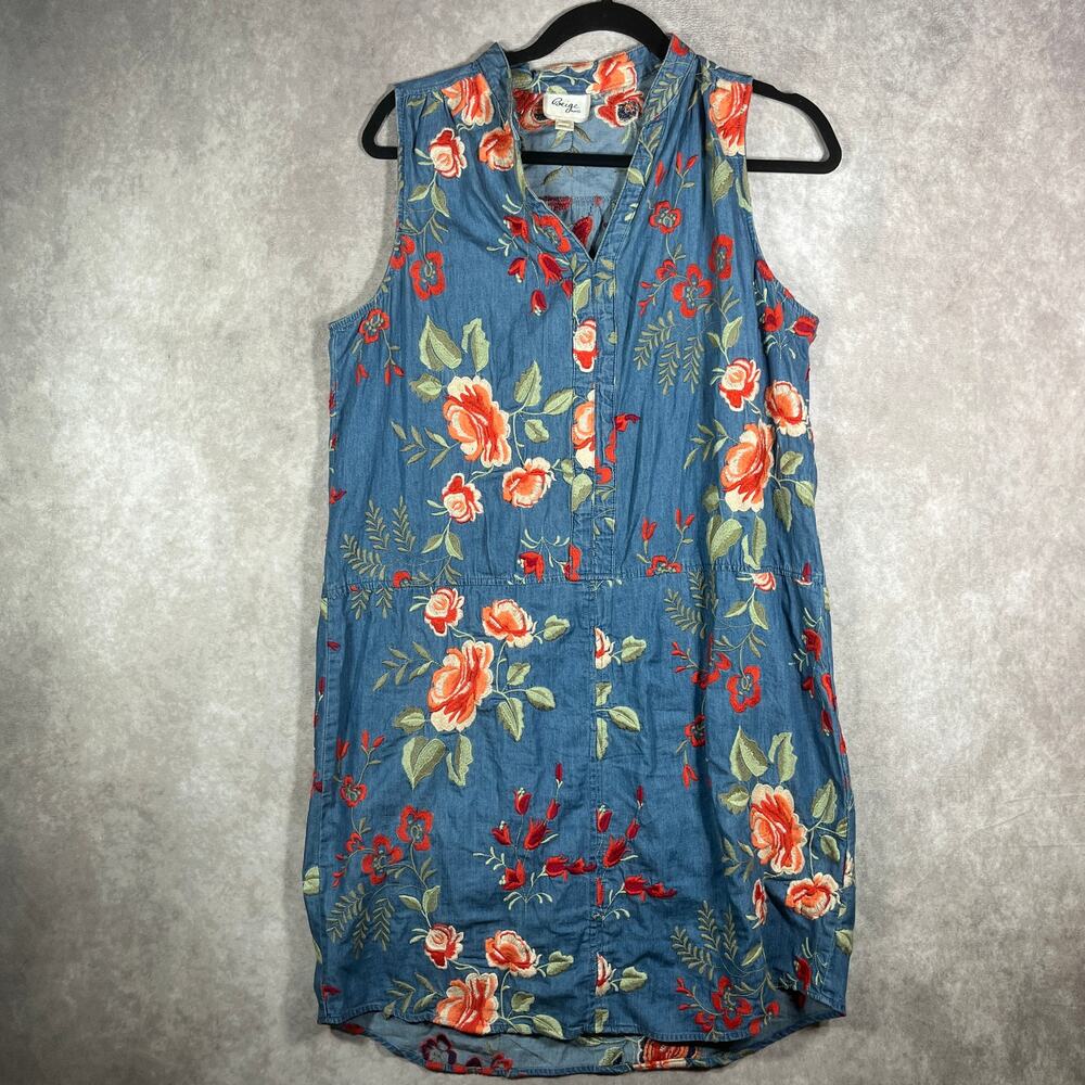 Beige By ECI Shift Dress Women 10 Blue Denim Floral Embroidered Boho Artsy